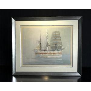 Marin-marie 1901-1987 Large Lithograph "three Masts On A Calm Sea"