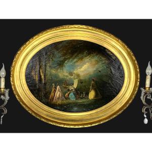 Painting / Oil On Canvas Oval After Antoine Watteau (fête Galante) Framed