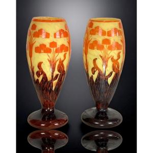 Pair Of Baluster Vases Signed Le Verre Francais Decorated With Floral Motifs