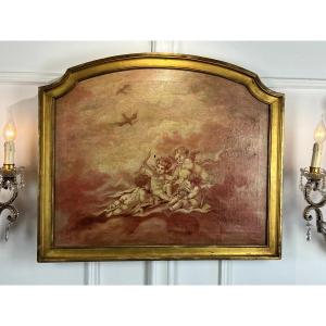 Wood Paneling / Over Door / Oil On Canvas With Putti Decor