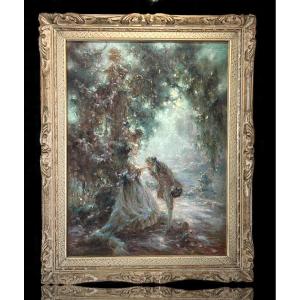 Painting / Pastel Under Glass By G. Stelly-desmoulins (19th-20th Centuries) "scene Galante"