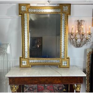 Antique 19th Century Mirror In Giltwood Surrounded By Opaque Mirror Rods