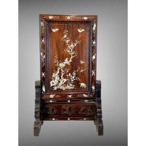 Vietnam Late 19th Century / Wooden Table Screen Inlaid With Mother-of-pearl And Bird Decor