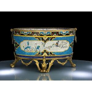 Jules Vieillard In Bordeaux / Fine Earthenware Planter Decorated With Gilt Bronze