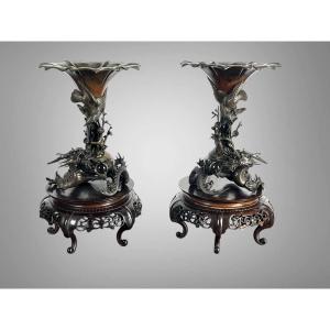 Takahashi Ryoun, Japanese Bronze Vases With Dragons And Birds, Meiji Period