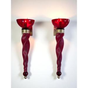 Pair Of 62 Cm Murano Torchere Wall Lights In Red Tinted Glass And Brass