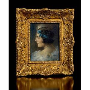 Alexis Vollon 1865 -1945 / Oil On Panel Under Glass "portrait Of A Woman 1930"