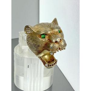 Ring In Silver (925) Gilded And Chiseled In The Shape Of A Tiger With Emerald Eyes