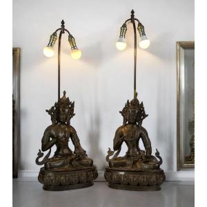 Large Pair Of Bronze Lamps Representing Tibetan Statues, Late 19th Century