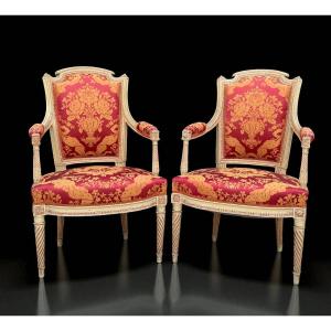 Pair Of Louis XVI Period Armchairs With Spiral Legs In Lacquered Wood And Fabric