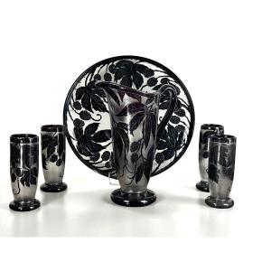 Orangeade Service Signed Deguey In Multi-layer Black / Purple Glass Pate