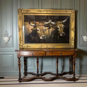 Large Painting / Painting On Fabric In A Gilded Wooden Frame "the Cows"