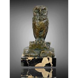 Bronze Watch Holder Signed H.risch Representing An Owl And Its Snake