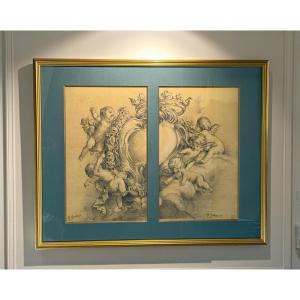 Old 19th Century Drawing Under Glass "group Of Angels" Signed M. Gaudier