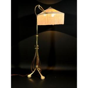 Art Nouveau Floor Lamp In Solid Brass And Original Lampshade From The 1900s