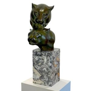 Bronze By Irenée Rochard (1906-1984) With Green Patina "two Lioness Heads"