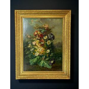 Large Painting / Mixed Media Burgautée Under Glass On Framed Wood Panel