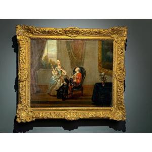 Painting / Oil On Canvas Mounted From The 19th Century, Well Framed "gallantic Scene"
