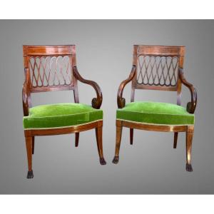 Pair Of Empire Style Mahogany Armchairs With Well-upholstered Openwork Backs