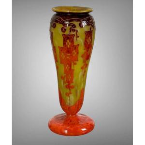 "le Verre Français" Vase, Tusgle Shaped On A Multi-layer Glass Pedestal With Ash Decor