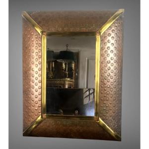 1970s Copper And Brass Mirror/glass Decoration With Flower Design  