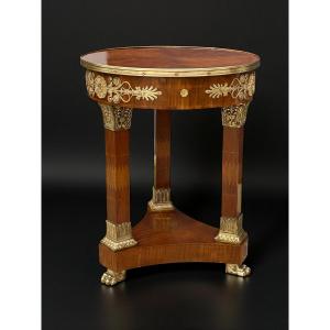 19th Century Empire Circular Side Table In Marquetry Adorned With Gilt Bronze