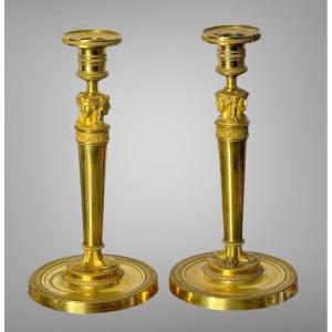 Pair Of Empire Period Chandeliers "claude Galle Model" In Chiseled And Gilt Bronze