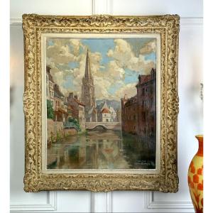 Large Painting / Oil On Canvas, Framed, Signed "jean Pernel", View Of Harfleur