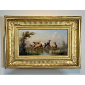 Painting / 19th Century / Oil On Wood Panel Depicting Sheep