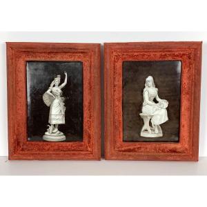 Pair Of Paintings On Porcelain Plates "ancient Women" Monogrammed