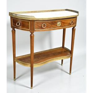 19th Century Louis XVI Style Half-moon Console Table In Marquetry With White Marble Top