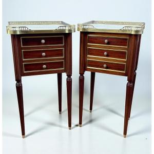 Pair Of Louis XVI Style Mahogany Bedside Tables With White Marble Tops