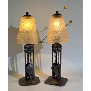 Pair Of Art Deco Period Wrought Iron Lamps With Pressed Molded Glass Shades