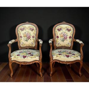 Pair Of 18th-century Louis XV Cabriolet Armchairs With Petit-point Tapestry