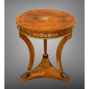 19th Century Round Tripod Side Table In Empire Style Brass Inlay
