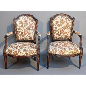 Pair Of 18th Century Louis XVI Period Cabriolet Armchairs With Spare Backs, Upholstered
