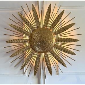 Large Hammered Gold Metal Sunburst Wall Light, 90 Cm In Diameter, From The 1970s