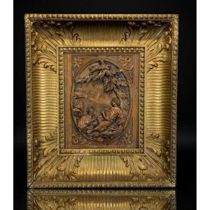 Painting / Boxwood Sculpture Depicting A Shepherd And His Goat / Framed