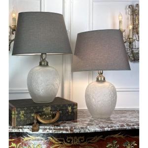 Pair Of Lalique-style Lamps With "acanthus Leaf" Decoration, Opalescent Glass