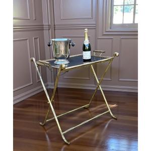 1970s Rings House / Folding Serving Table In Gilt Brass With Bamboo Decoration
