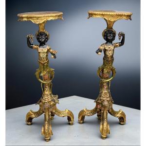 Pair Of Venetian Side Tables (italy, 19th Century) In Polychrome Carved Wood