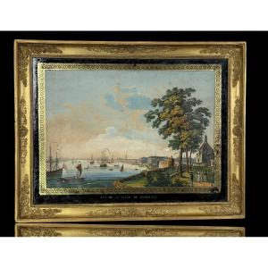 Large 19th Century Gouache (neapolitan Painter) "view Of The City Of Bordeaux"