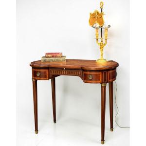 Kidney-shaped Flat Desk In Mahogany Veneer, Louis XVI Style, Circa 1900