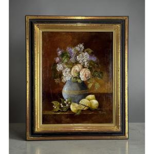 Tableau / Huile Sur Panneau En Bois Encadrée Représentant Une Nature Morte