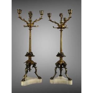 Large Pair Of Gilded Bronze And Painted Three-shaped Candelabres From The 19th Century