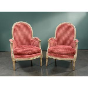 Pair Of Armchairs Bergeres ( 1+1 ) Period Louis XVI Stamped P . Pluvinet