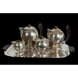 Jean Deprés ( 1889-1980 ) / Hammered Silver-plated Tea And Coffee Set Signed