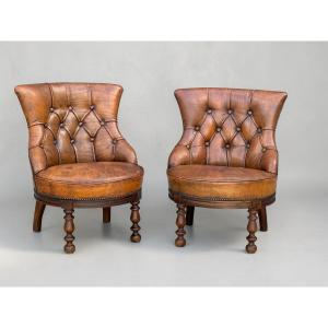Pair Of Victorian Reading Chairs In Genuine Leather From The 60s