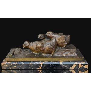 Art Deco Bronze On Marble Depicting Chicks And A Frog