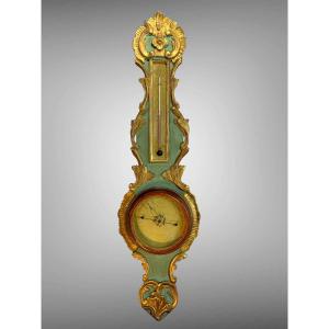 18th Century Barometer Louis XVI In Golden And Green Laqued Wood Signed Pargilard